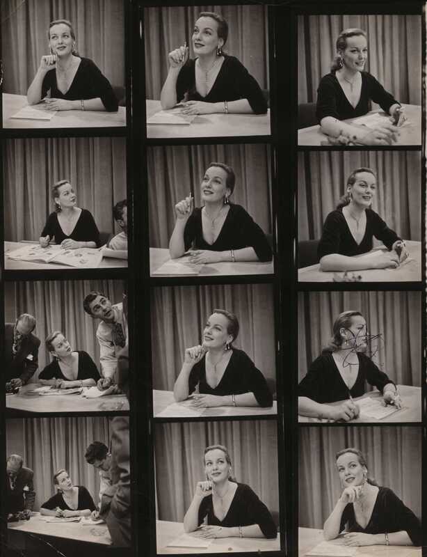 Three film strips appear side-by-side with four still images per strip. They feature a white woman with light hair pulled back in an elegant updo. She wears a black dress with three-quarter-length sleeves and deep v-neck along with a sparkling necklace and earrings.