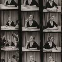 Three film strips appear side-by-side with four still images per strip. They feature a white woman with light hair pulled back in an elegant updo. She wears a black dress with three-quarter-length sleeves and deep v-neck along with a sparkling necklace and earrings.